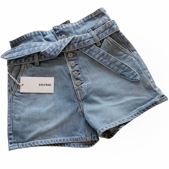 GRLFRND Brynn denim high waist paperbag jeans shorts in Perfect Ten Size 26 NEW - Picture 1 of 8